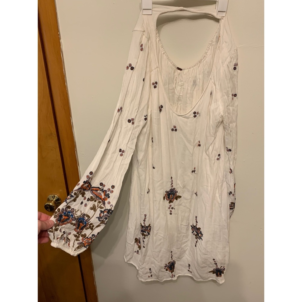 Free‎ People White Embroidered Open Back Mini Dress Boho Festival Size L